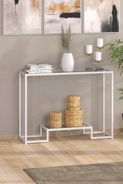 TOLIAHOME Modern Beyaz Renk Metal İskeletli Temper Camlı Raflı Dresuar Konsol