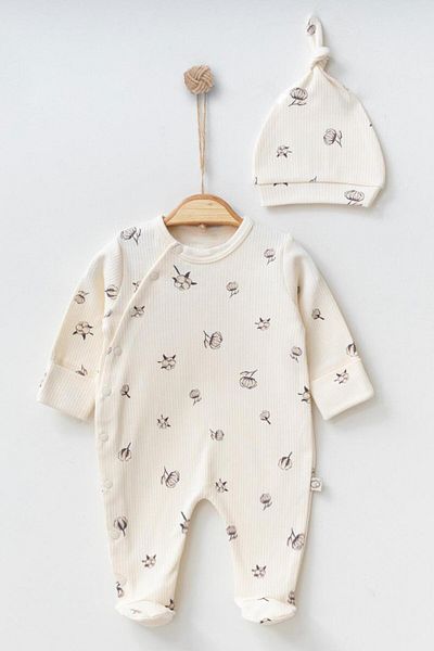 Mini Ropa Newborn Baby Rompers Cream Booties Jumpsuit Cotton Printed Self Gloved Baby Rompers and Hat