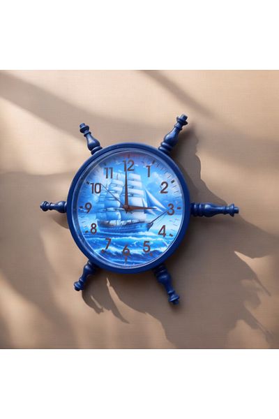 Bahat Navy Blue Wooden Sailor Helm Wall Living Room Office Clock Diameter 36 cm