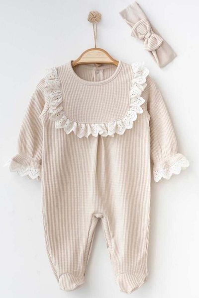 Mini Ropa Beige Colored Scalloped Baby Girl Jumpsuit - Booties, Special Day Outfit, Mevlüt Photo Shoot
