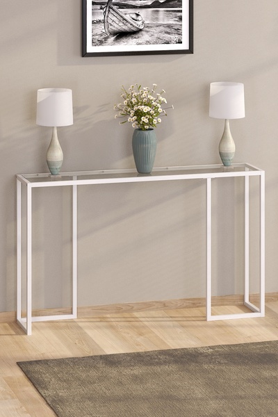 TOLIAHOME Beyaz Renk Metal Iskeletli Temper Camlı Raflı Dresuar Konsol Çiçeklik Saksılık