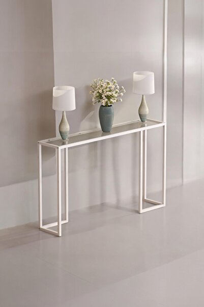 TOLIAHOME Beyaz Renk Metal Iskeletli Temper Camlı Raflı Dresuar Konsol Çiçeklik Saksılık