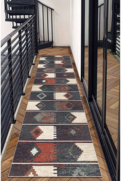 BigArts Home Lacivert Bordo Etnik Geometrik Kaymaz Taban Halı Yolluk Yuvarlak...