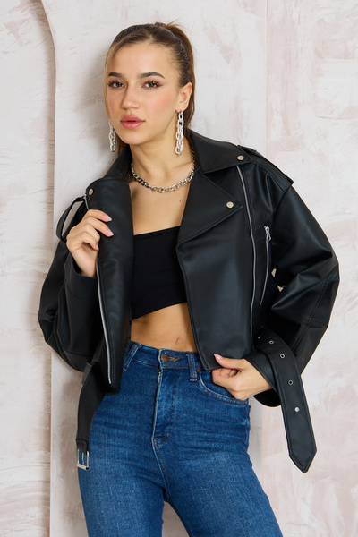 ALINTERYY Δερμάτινο Biker Jacket Oversize με ζώνη