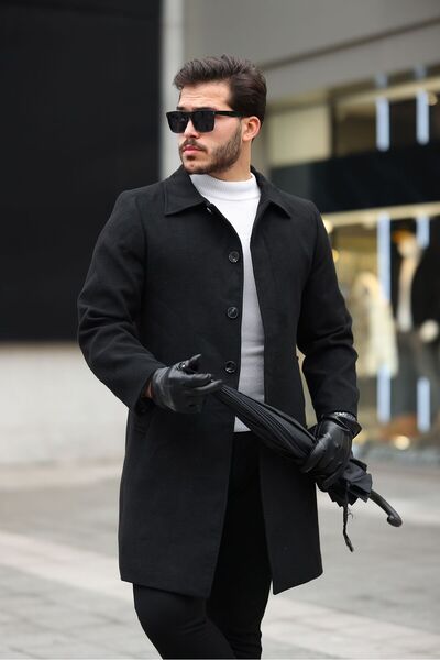 hello7 ERKEK SİYAH UZUN RAHAT KALIP  GÖMLEK YAKA KAŞE KABAN