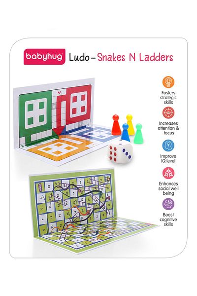 Babyhug Ludo & Yılanlar ve Merdivenler Masa Oyunu - 4+ Yaş ıçin Klasik Aile Eğlencesi، 38x38 سم