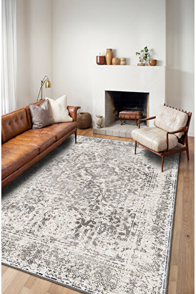 BigArts Home Gri Zarif Klasik Motifli Vintage Desenli Göbekli Gri Salon Halıs...