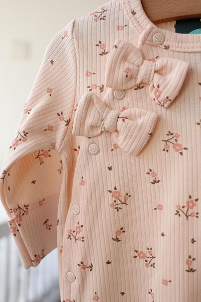 Mini Ropa Floral Patterned Jumpsuit with Pink Ribbed Booties for Newborn Baby Girl