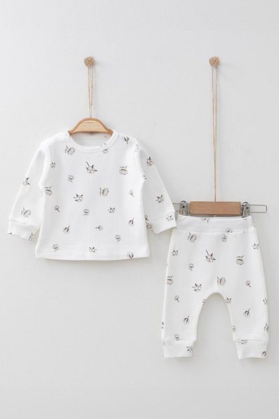 Mini Ropa Ecru Cotton Baby Set - Lower and Upper Set, Corded Design