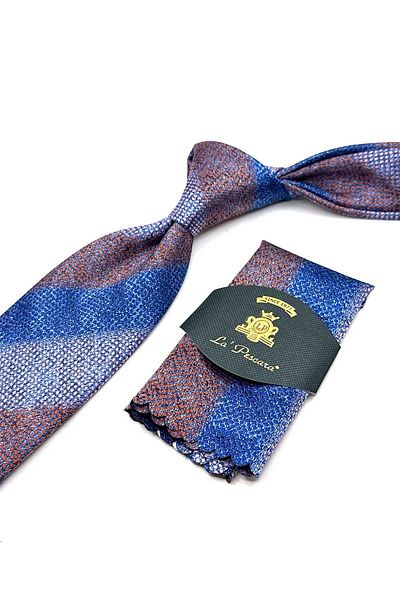 Kravatkolik Orange - Blue Line Pattern Classic Tie with Handkerchief Kk13070