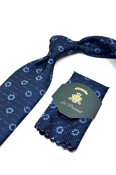 Kravatkolik Navy Blue Floral Pattern Classic Tie with Handkerchief Kk13018