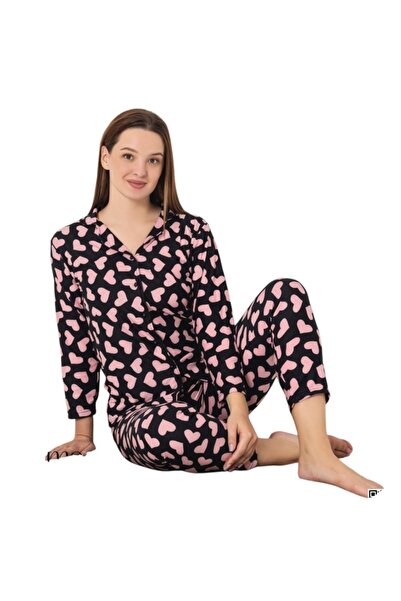 fearlessmoda Set de pijamale pentru femei, cu inimă roz, din țesătură din pie...