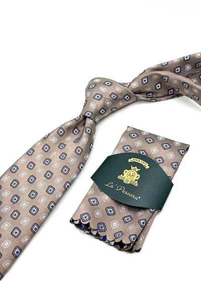 Kravatkolik Classic Tie with Beige Motif Pattern Handkerchief Kk13087