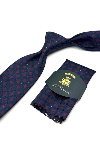 Kravatkolik Classic Tie with Navy Blue Motif Pattern Handkerchief Kk13037