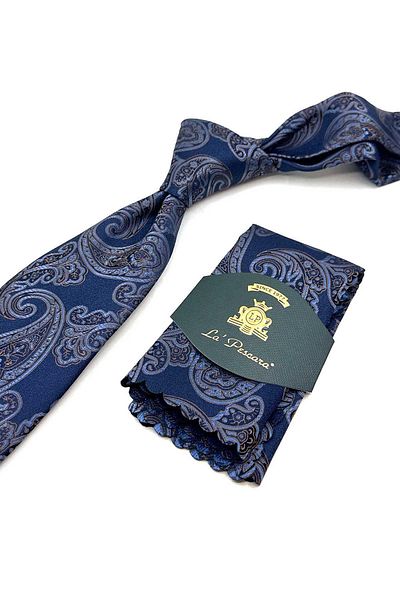 Kravatkolik Navy Blue Shawl Pattern Classic Tie with Handkerchief Kk13049