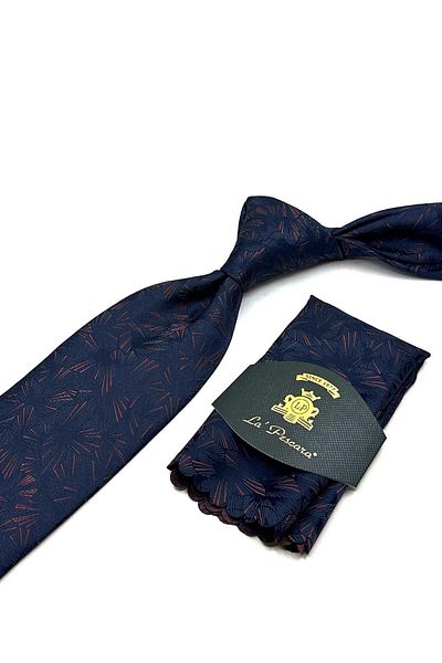 Kravatkolik Classic Tie with Navy Blue Motif Pattern Handkerchief Kk12922