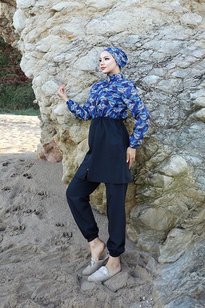 new ats Blue Black 3-Piece Hijab Swimsuit - Palm Pattern and Adjustable Waist Elastic