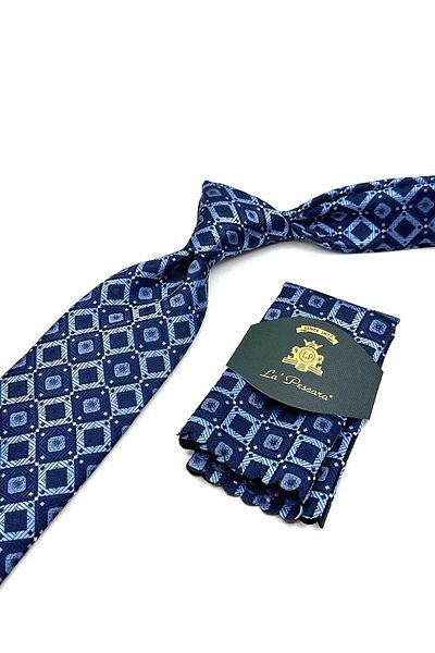 Kravatkolik Navy Blue - Blue Square Pattern Classic Tie with Handkerchief Kk12866