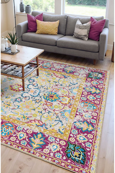 BigArts Home Pembe Bej Vintage Çiçek Desenli Şönil Salon Halısı ,yıkanabilir ...