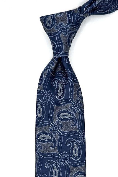 Kravatkolik Gray - Navy Blue Classic Tie with Shawl Pattern Handkerchief Kk12884