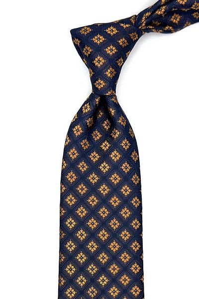 Kravatkolik Navy Blue - Yellow Motif Pattern Classic Tie with Handkerchief Kk12854