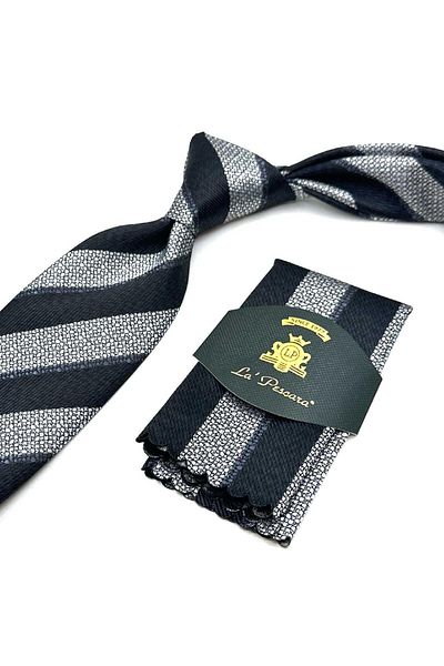 Kravatkolik Black - White Line Pattern Classic Tie with Handkerchief Kk13105