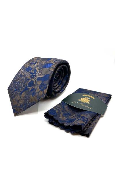 Kravatkolik Κλασική γραβάτα με μαντήλι με μπεζ μοτίβο λουλουδιών KK12947