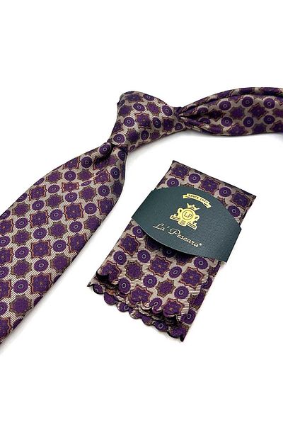 Kravatkolik Classic Tie with Beige Motif Pattern Handkerchief Kk12973