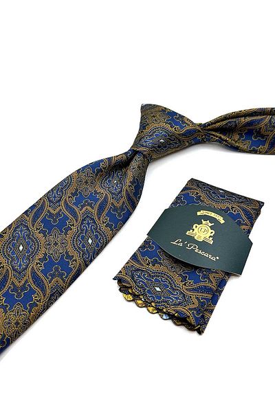Kravatkolik Blue - Yellow Shawl Pattern Classic Tie with Handkerchief Kk12864