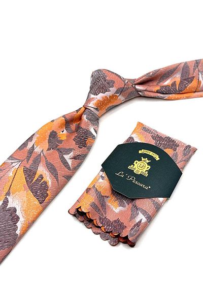 Kravatkolik Classic Tie with Orange Leaf Pattern Handkerchief Kk13079