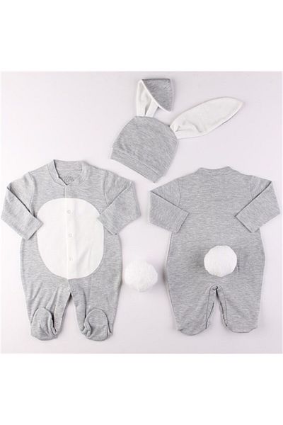 Mini Ropa Gray Color Baby Rabbit Pompom Bunny Ear Jumpsuit Baby Gift Baby Photographic Shooting Product