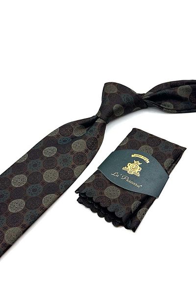 Kravatkolik Brown Polka Dot Pattern Classic Tie with Handkerchief Kk12996