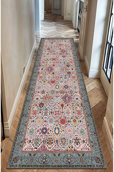 BigArts Home Çok Renkli Pastel Pembe Mavi Bordürlü Otantik Yuvarlak Salon Hal...