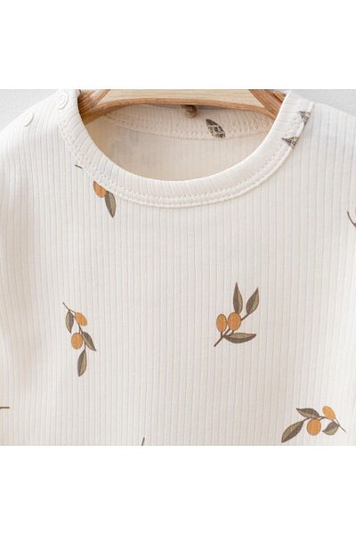Mini Ropa Ribbed Olive Printed Cotton Baby Set - Cream Color