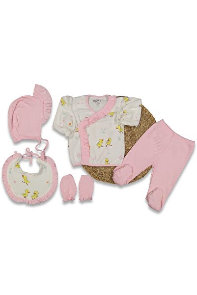 bebegen Kız Bebek Beyaz Pembe Fitilli Fırfırlı Ördek Desenli 5' li Hastane Çıkış Seti