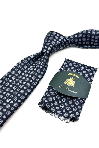 Kravatkolik Classic Tie with Black Motif Pattern Handkerchief Kk12988