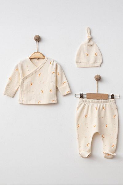 Mini Ropa Cream Colored Moon Printed Newborn Bodysuit Double Breasted Set