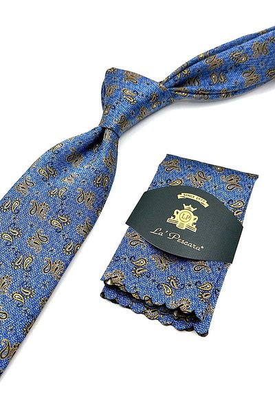 Kravatkolik Classic Tie with Blue Shawl Pattern Handkerchief Kk13117