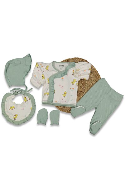 bebegen Baby Girl White Water Green Ribbed Ruffled Duck Patterned 5-Piece Hos...