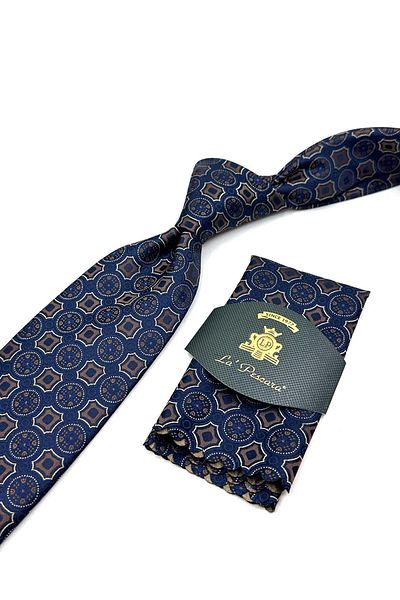 Kravatkolik Classic Tie with Navy Blue Motif Pattern Handkerchief Kk12958