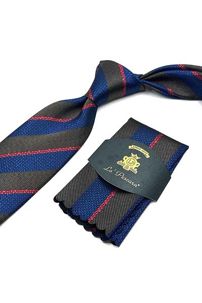 Kravatkolik Brown - Blue Line Pattern Classic Tie with Handkerchief Kk13107