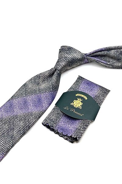 Kravatkolik Gray - Lilac Line Pattern Classic Tie with Handkerchief Kk13069