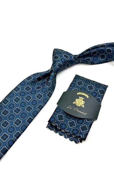 Kravatkolik Classic Tie with Petrol Blue Motif Pattern Handkerchief Kk12950