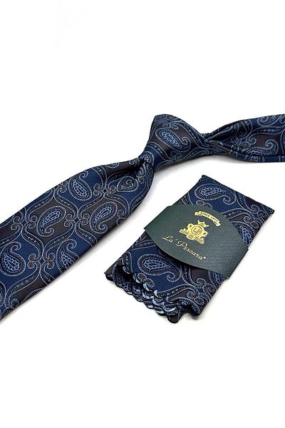 Kravatkolik Brown - Navy Blue Shawl Pattern Classic Tie with Handkerchief Kk12887