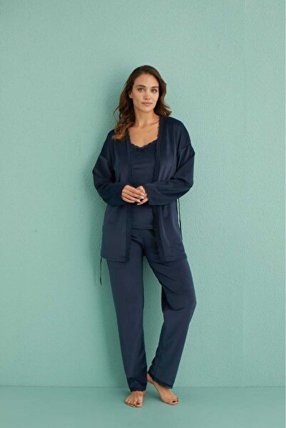 pijamakeyfi Kadın 3'lü Kadife Sabahlıklı Pijama Takımı