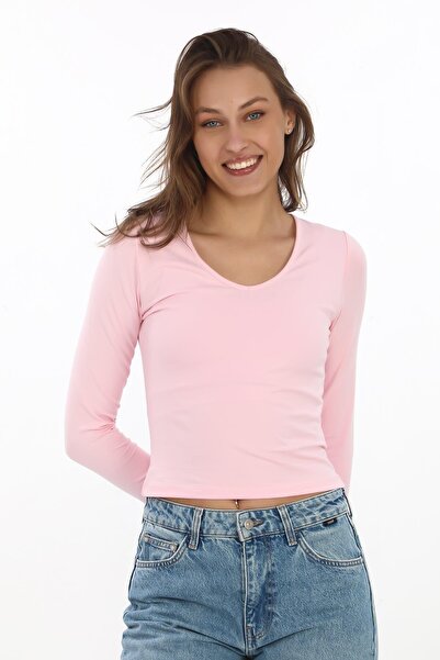 penyebizden تي شيرت وردي فاتح برقبة على شكل حرف V