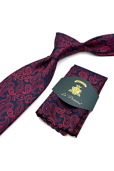Kravatkolik Red - Navy Blue Classic Tie with Shawl Pattern Handkerchief Kk12874