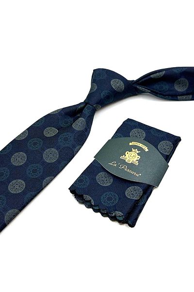 Kravatkolik Navy Blue Polka Dot Pattern Classic Tie with Handkerchief Kk12993