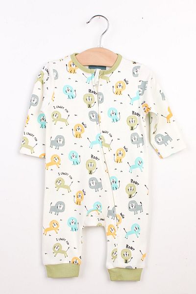 Mini Ropa Lion Patterned Green Zippered Baby Romper Without Booties