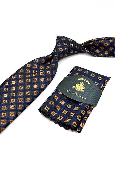 Kravatkolik Navy Blue - Yellow Motif Pattern Classic Tie with Handkerchief Kk12854